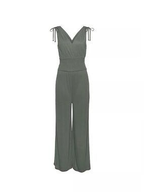 Lascana Olive Tie-Shoulder Smocked Wide-Leg Jumpsuit, Size 14, Great Condition